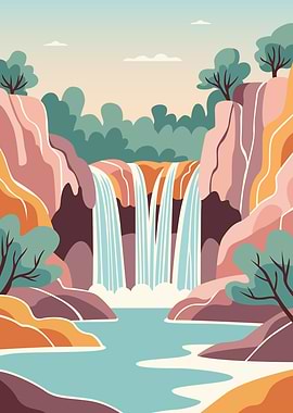 Stylized Waterfall Landscape Illustration