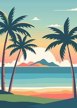 Tropical Beach Sunset Illustration