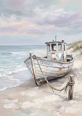 Weathered Seagull Boat on Sandy Shore