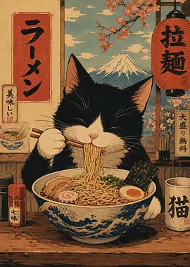 Cat Eating Ramen