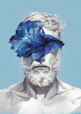 Surreal Statue with Blue Flower