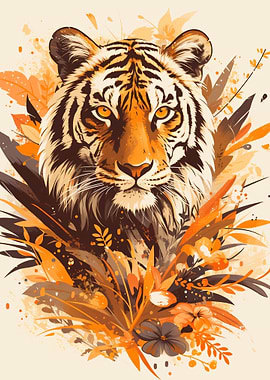 Majestic Tiger Portrait with Floral Accents