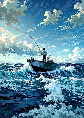 Lone Fisherman on Rough Sea