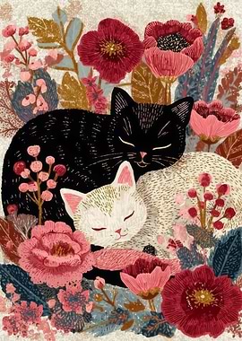 Two Cats Sleeping Among Flowers