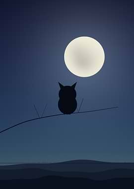 Owl - Minimalist Full Moon Perched on a Branch at Night