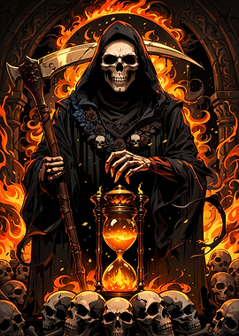 Grim Reaper with Hourglass and Skulls