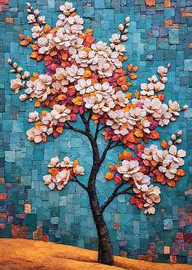 Mosaic Style Flowering Tree Art