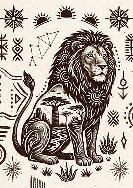 Tribal Lion Silhouette with African Landscape