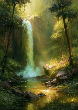 Sunlit Forest Waterfall with Emerald Pool