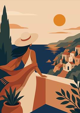 Woman overlooking Mediterranean coastal village Minimalist Art
