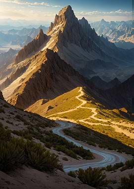 Winding Mountain Road at Sunset Landscape Nature