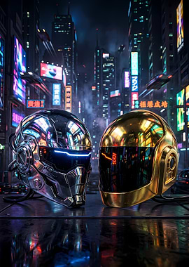 Futuristic Helmets in Cityscape