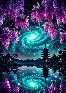 Pagoda Under a Cosmic Wisteria Sky