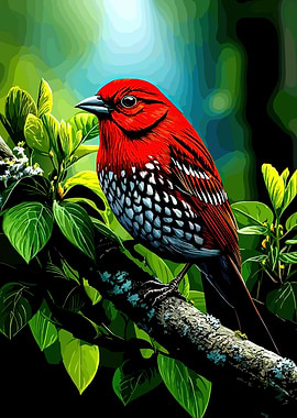 Vibrant Red Spotted Bird on Branch