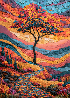 Vibrant Mosaic Landscape with Lone Tree