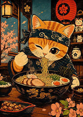 Cat Eating Ramen