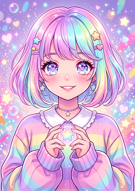 Pastel Rainbow Anime Girl Illustration