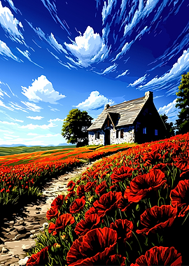Stone Cottage in Poppy Field