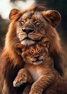Lion Father and Cub Embracing