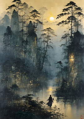 Lone Traveler in Misty Forest