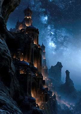 Starlit Fantasy Castle on Cliffside