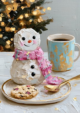 Impressionist Snowman and Coffee Still Life