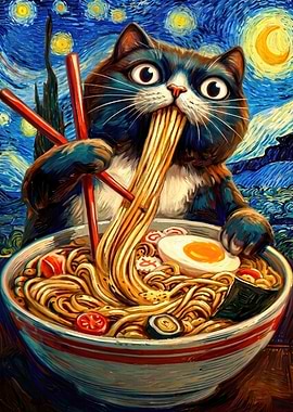 Starry Night : Cat Eating Ramen Art