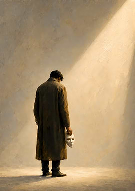 Man Holding Mask in Spotlight