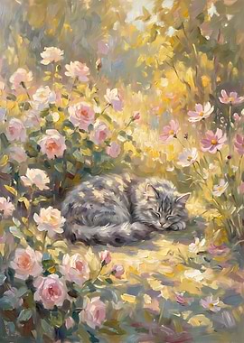 Sleeping Cat in a Floral Garden