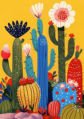 Vibrant Colorful Cactus Garden Illustration