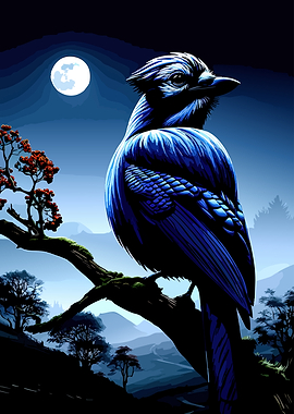 Blue Jay Perched Under Full Moon