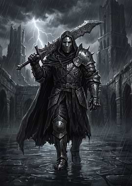 Dark Fantasy Armored Warrior in Rain