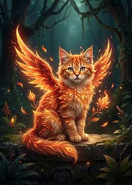 Fiery Winged Cat in Forest