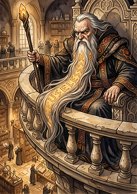 Wise Wizard in Ancient Library