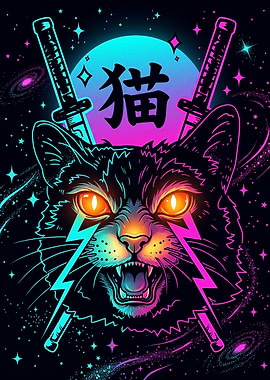 Neon Cyberpunk Samurai Cat Illustration