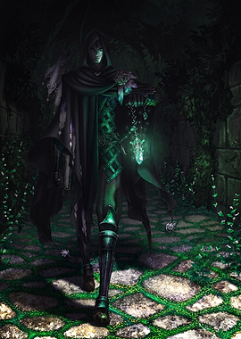 Mysterious Hooded Figure with Glowing Crystal