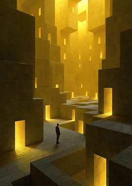 Solitary Figure in Golden Labyrinth