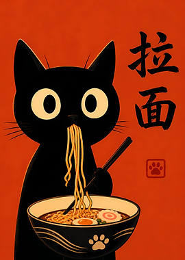 Cute Black Cat Eating Ramen
