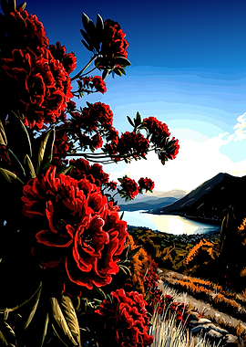Vibrant Red Flowers Overlooking Lake