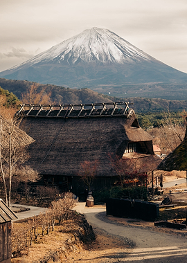 Traditional Japanese House with Mount Fuji