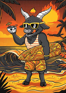 Surfing Goat Summer Beach Illustration