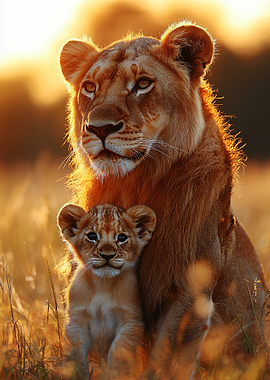 Lioness and Cub at Sunset