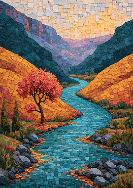 Mosaic Landscape with River and Tree