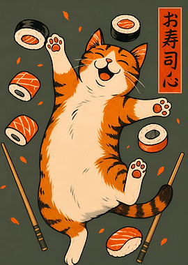 Happy Cat Playing with Sushi
