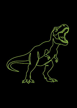 T-Rex Print — Dinosaur Single Line Art, Green Neon Outline Poster