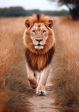 Majestic Male Lion Walking Forward