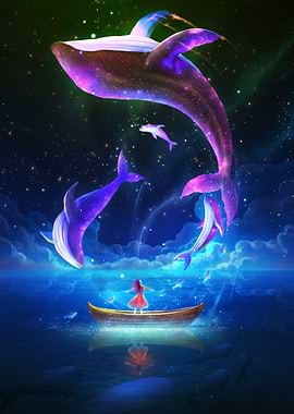Girl in Boat with Cosmic Whales