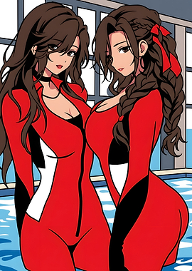 Two Anime Women in Red Swimsuits