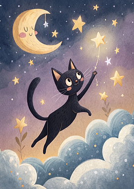 Cute Black Cat Reaching for Stars