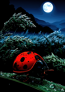 Ladybug on Dewy Leaf at Night